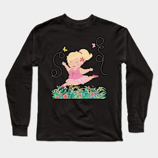 The chubby cute ballerina dances in the flower meadow, enjoying every moment, no text Long Sleeve T-Shirt